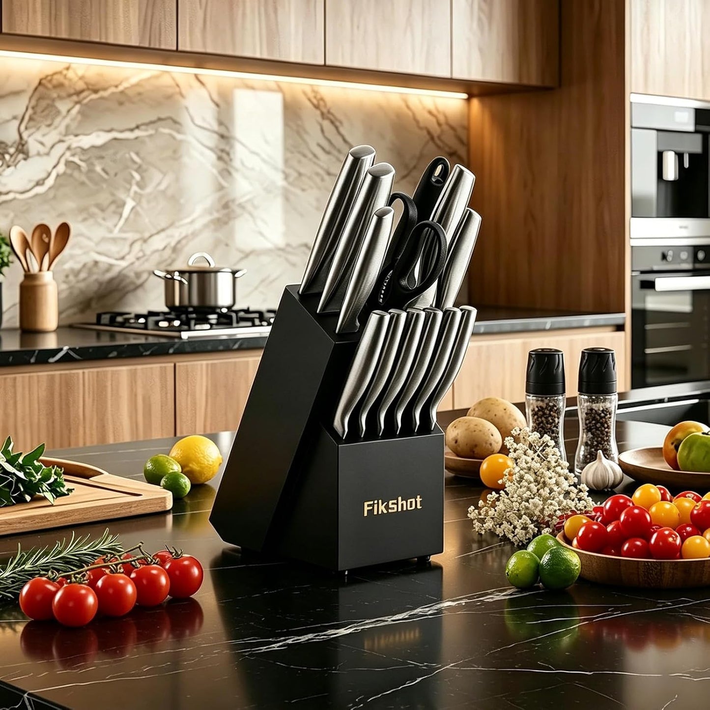 Fikshot Knife Set, German Stainless Steel, Black, 14-Piece kitchen knives | Full Tang Handle, Ultra-Sharp, Knife Block & Sharpener Included, Rust-Resistant, Dishwasher-Safe, Gift for Chefs, BBQ Prep