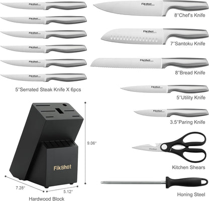 Fikshot Knife Set, German Stainless Steel, Black, 14-Piece kitchen knives | Full Tang Handle, Ultra-Sharp, Knife Block & Sharpener Included, Rust-Resistant, Dishwasher-Safe, Gift for Chefs, BBQ Prep
