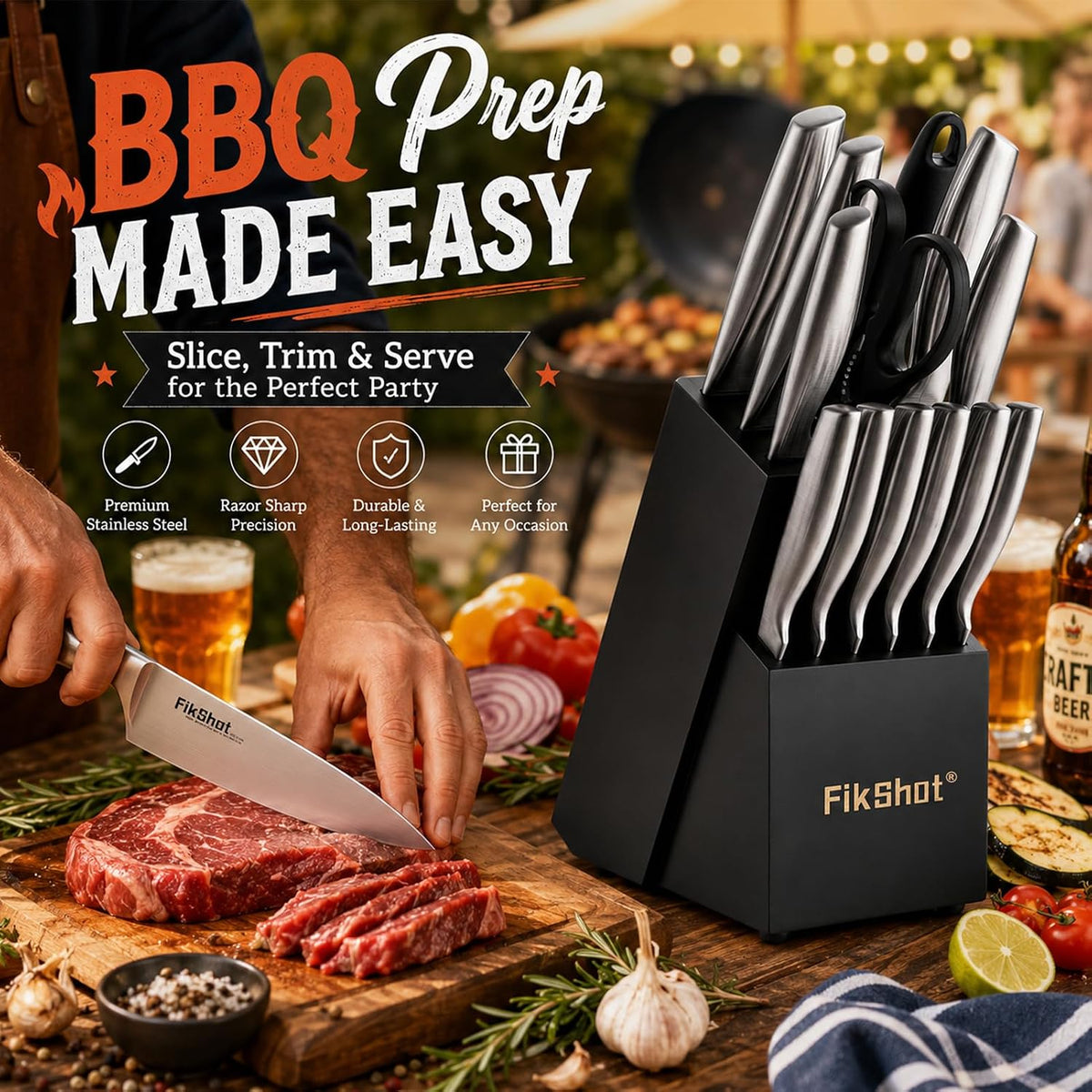 Fikshot Knife Set, German Stainless Steel, Black, 14-Piece kitchen knives | Full Tang Handle, Ultra-Sharp, Knife Block & Sharpener Included, Rust-Resistant, Dishwasher-Safe, Gift for Chefs, BBQ Prep