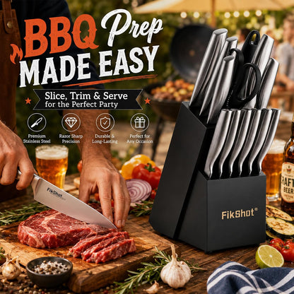 Fikshot Knife Set, German Stainless Steel, Black, 14-Piece kitchen knives | Full Tang Handle, Ultra-Sharp, Knife Block & Sharpener Included, Rust-Resistant, Dishwasher-Safe, Gift for Chefs, BBQ Prep