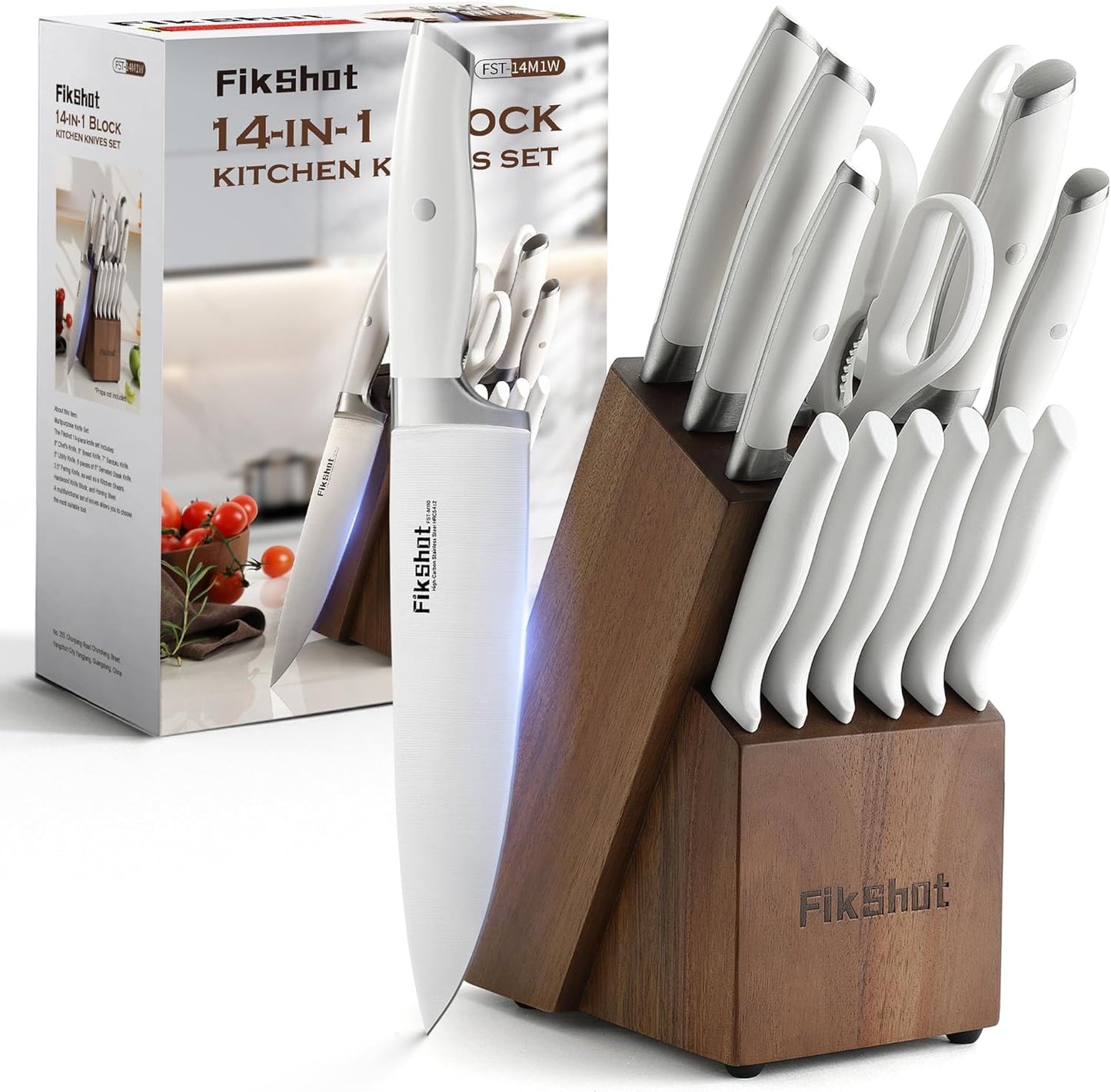 Fikshot Knife Set, German Stainless Steel, Black, 14-Piece kitchen knives | Full Tang Handle, Ultra-Sharp, Knife Block & Sharpener Included, Rust-Resistant, Dishwasher-Safe, Gift for Chefs, BBQ Prep