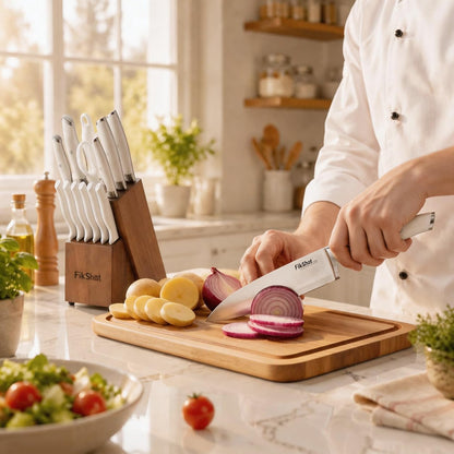 Fikshot Knife Set, German Stainless Steel, Black, 14-Piece kitchen knives | Full Tang Handle, Ultra-Sharp, Knife Block & Sharpener Included, Rust-Resistant, Dishwasher-Safe, Gift for Chefs, BBQ Prep