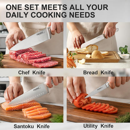 Fikshot Knife Set, German Stainless Steel, Black, 14-Piece kitchen knives | Full Tang Handle, Ultra-Sharp, Knife Block & Sharpener Included, Rust-Resistant, Dishwasher-Safe, Gift for Chefs, BBQ Prep