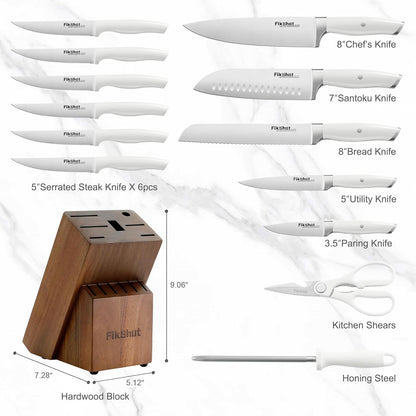 Fikshot Knife Set, German Stainless Steel, Black, 14-Piece kitchen knives | Full Tang Handle, Ultra-Sharp, Knife Block & Sharpener Included, Rust-Resistant, Dishwasher-Safe, Gift for Chefs, BBQ Prep