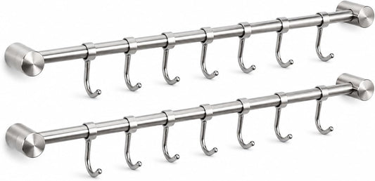 15.6” Kitchen Utensil Racks 7 Hooks,2 Packs for Pots Pans Mugs | Heavy Duty Wall Organizer, Brushed SUS304 Stainless Steel, Rust, Multi-Purpose for Kitchen, Bathroom, Entryway Home Use