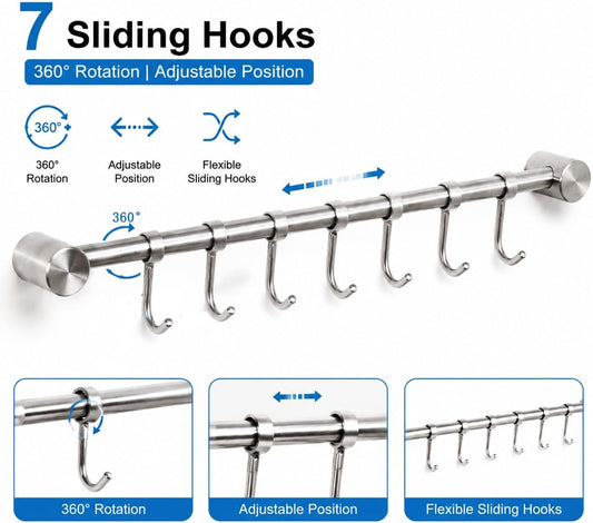 15.6” Kitchen Utensil Racks 7 Hooks,2 Packs for Pots Pans Mugs | Heavy Duty Wall Organizer, Brushed SUS304 Stainless Steel, Rust, Multi-Purpose for Kitchen, Bathroom, Entryway Home Use