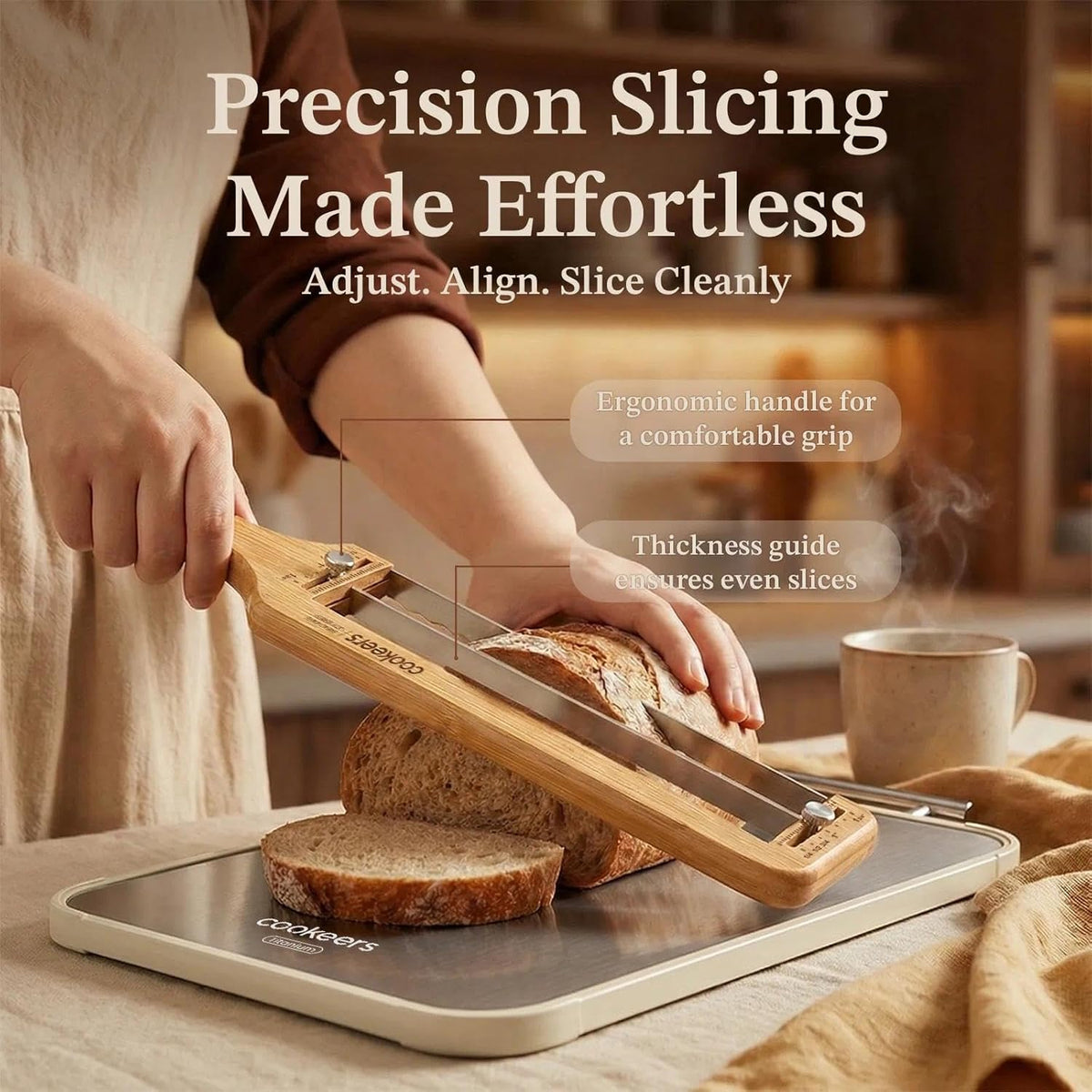 Adjustable Sourdough Bow Bread Knife – Large Bread Slicer for Homemade Bread with Serrated Stainless Steel Blade&Precision Thickness Guide, Even Slice Cutter for Baguettes, Bagels.