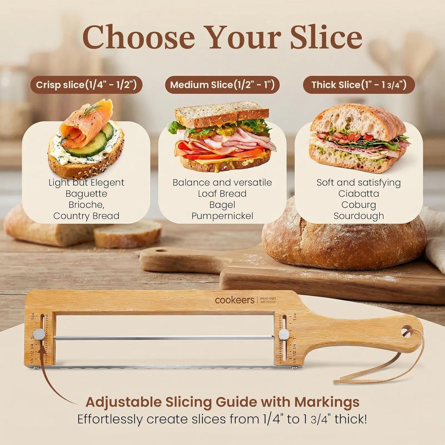 Adjustable Sourdough Bow Bread Knife – Large Bread Slicer for Homemade Bread with Serrated Stainless Steel Blade&Precision Thickness Guide, Even Slice Cutter for Baguettes, Bagels.
