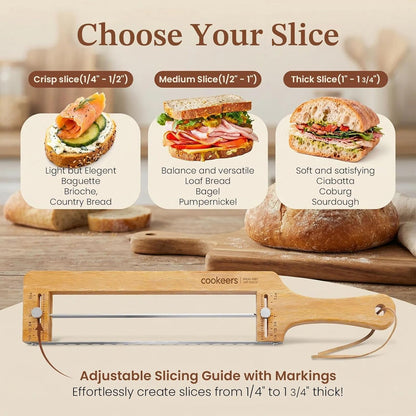 Adjustable Sourdough Bow Bread Knife – Large Bread Slicer for Homemade Bread with Serrated Stainless Steel Blade&Precision Thickness Guide, Even Slice Cutter for Baguettes, Bagels.