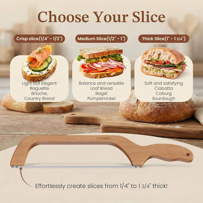 Adjustable Sourdough Bow Bread Knife – Large Bread Slicer for Homemade Bread with Serrated Stainless Steel Blade&Precision Thickness Guide, Even Slice Cutter for Baguettes, Bagels.