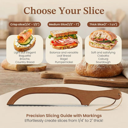 Adjustable Sourdough Bow Bread Knife – Large Bread Slicer for Homemade Bread with Serrated Stainless Steel Blade&Precision Thickness Guide, Even Slice Cutter for Baguettes, Bagels.