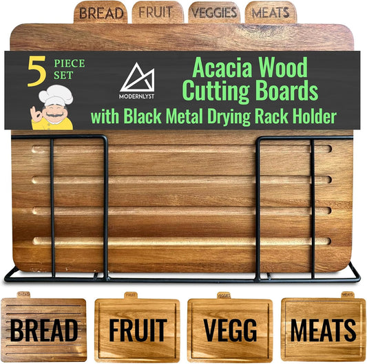 Acacia Cutting Boards for Kitchen with Holder 13" x 11" x 2.5" | Labeled Wood Cutting Board Sets | Large Wooden Cutting Board Set of 4 with Black Organized Stand | Non Toxic Chopping Board