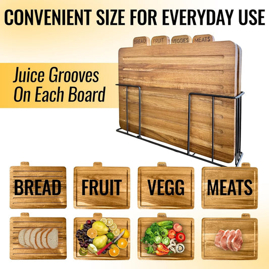 Acacia Cutting Boards for Kitchen with Holder 13" x 11" x 2.5" | Labeled Wood Cutting Board Sets | Large Wooden Cutting Board Set of 4 with Black Organized Stand | Non Toxic Chopping Board