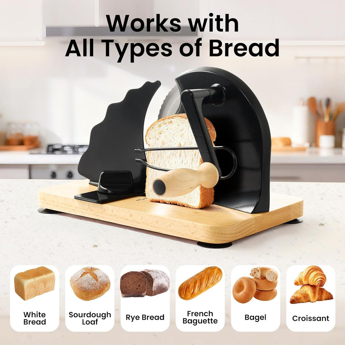 Manual Bread Slicer for Homemade Bread, Bread Cutter for Adjustable and Even Slices, Classic Hand Crank Sourdough Slicer with Scale Line & Powerful Suction Cup, Sharp Stainless Steel Blade (Black)