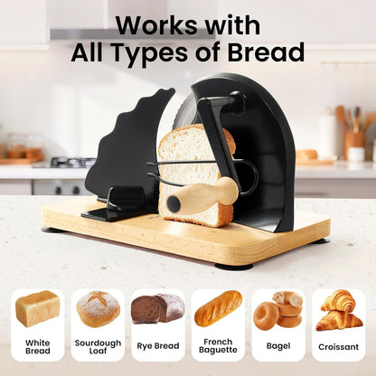 Manual Bread Slicer for Homemade Bread, Bread Cutter for Adjustable and Even Slices, Classic Hand Crank Sourdough Slicer with Scale Line & Powerful Suction Cup, Sharp Stainless Steel Blade (Black)