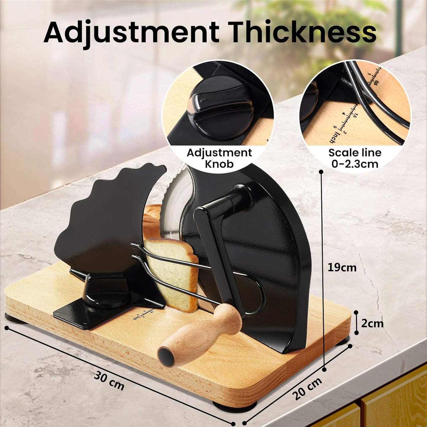Manual Bread Slicer for Homemade Bread, Bread Cutter for Adjustable and Even Slices, Classic Hand Crank Sourdough Slicer with Scale Line & Powerful Suction Cup, Sharp Stainless Steel Blade (Black)