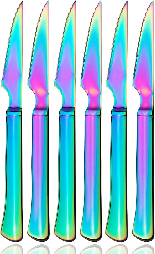6 Pack Rainbow Stainless Steel Steak Knives, Iridescent Serrated Sharp Dinner Cutlery Knives Set for Kitchen Table