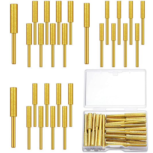 30 Pcs High Hardness Titanium Diamond Chainsaw Sharpener Stone Bit Bulk Chain Electric Chainsaw Sharpening Wheels Kit 3 Size Plated Grinding Tool, 5/32, 3/16, 7/32 Inch (Gold)