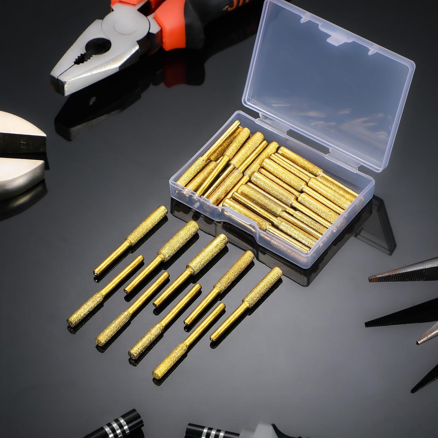 30 Pcs High Hardness Titanium Diamond Chainsaw Sharpener Stone Bit Bulk Chain Electric Chainsaw Sharpening Wheels Kit 3 Size Plated Grinding Tool, 5/32, 3/16, 7/32 Inch (Gold)