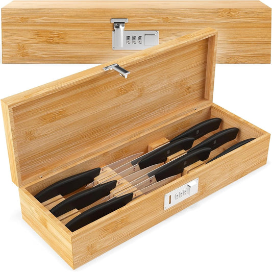 Upgraded Combination Lock Bamboo Locking Kitchen Knife Storage – Secure & Eco-Friendly Wooden Knife Box with Improved Quality, Fits in Drawers & Keeps Knives Safe