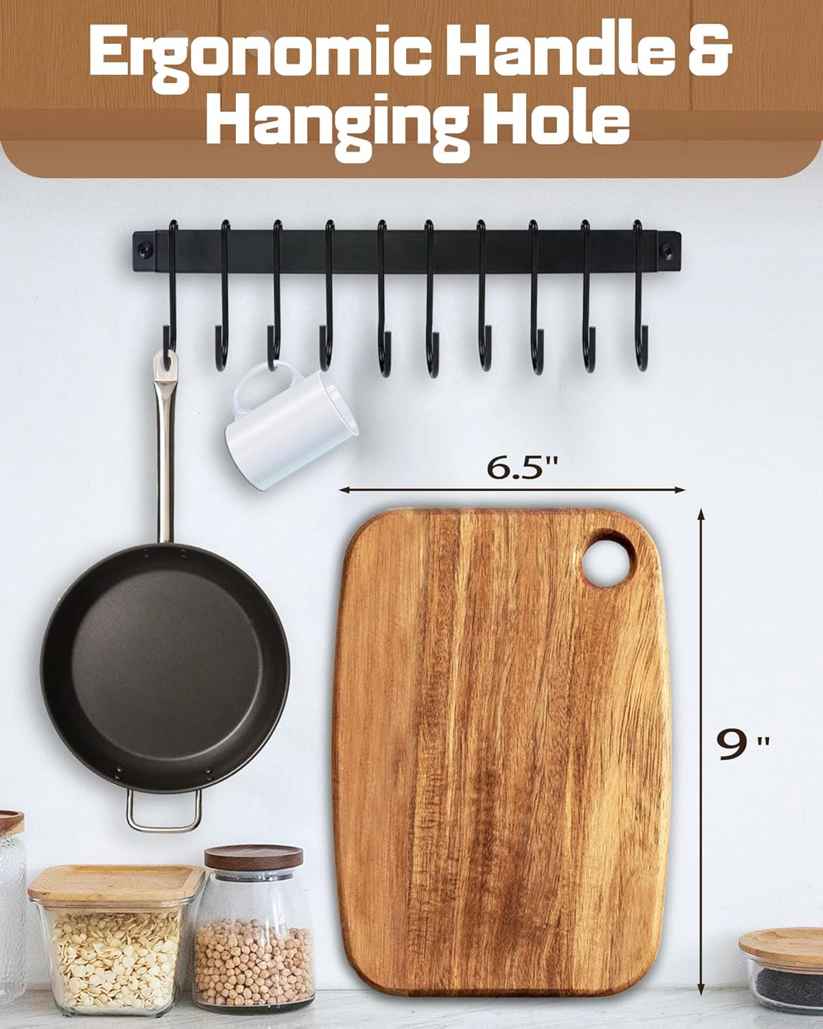 Mini Acacia Wood Cutting Board with Hanging Hole,Small Wooden cutting board-Rectangular Charcuterie Board-Cheese Cutting Board-Serving Board.BPA Free For Vegetables,Fruit,Bread,Meat-9" X 6.5" X 0.6"