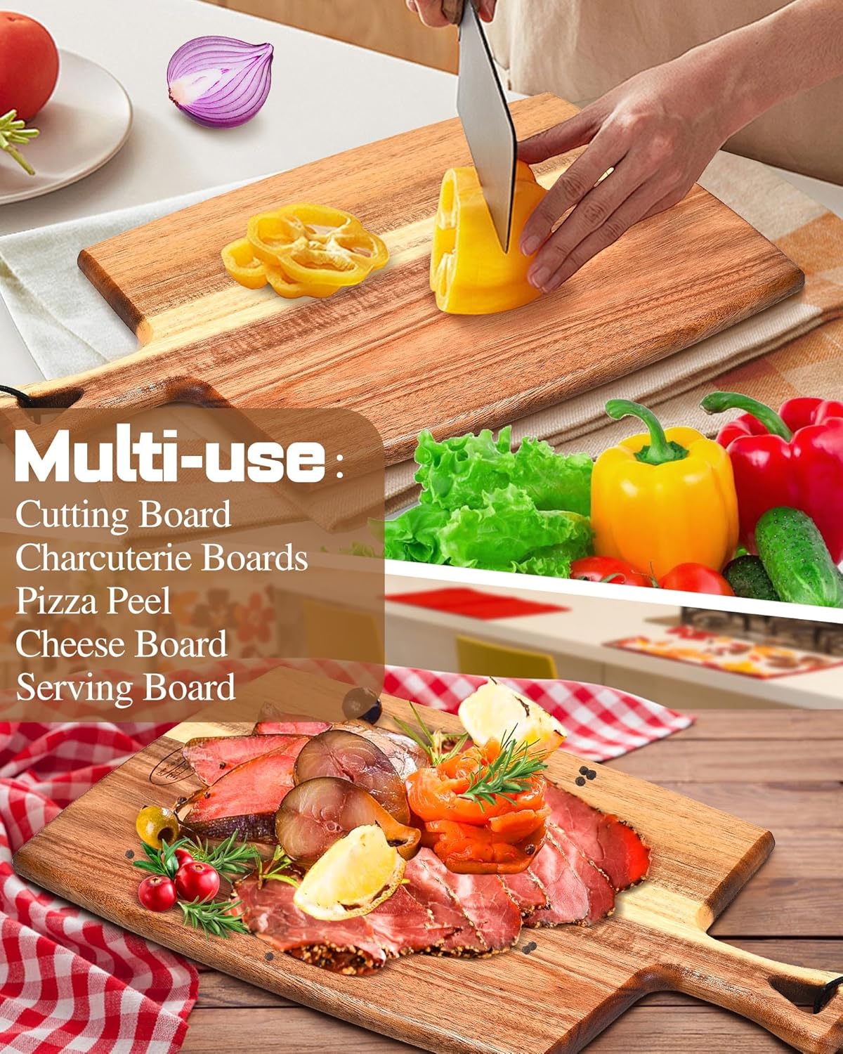 Mini Acacia Wood Cutting Board with Hanging Hole,Small Wooden cutting board-Rectangular Charcuterie Board-Cheese Cutting Board-Serving Board.BPA Free For Vegetables,Fruit,Bread,Meat-9" X 6.5" X 0.6"