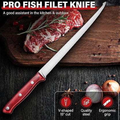 TAN REN Fillet Knife 9 inch, Professional Stainless Steel Fishing Knife | Full Tang Fish Knife with Ergonomic Handle, Fishing Gift for Men