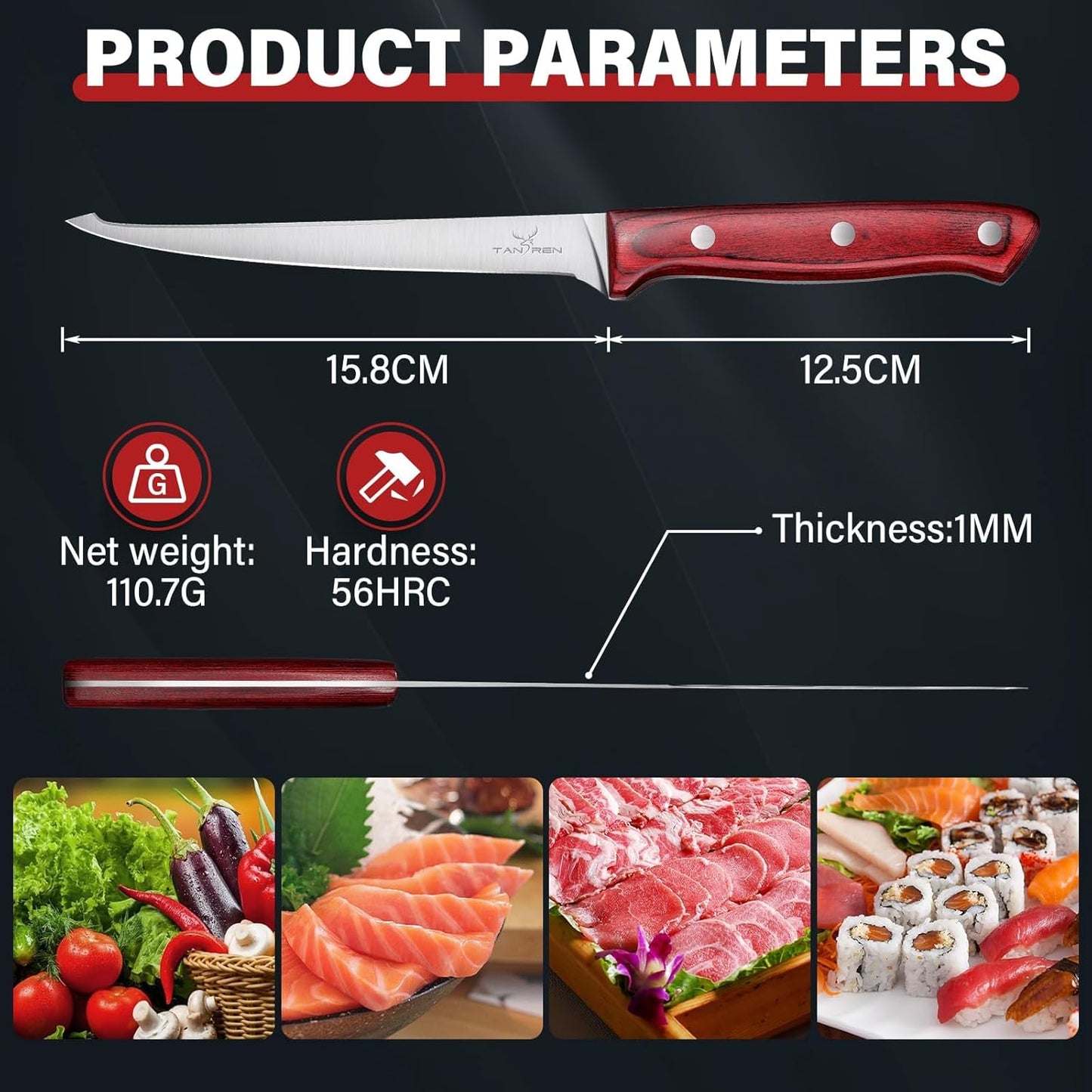 TAN REN Fillet Knife 9 inch, Professional Stainless Steel Fishing Knife | Full Tang Fish Knife with Ergonomic Handle, Fishing Gift for Men