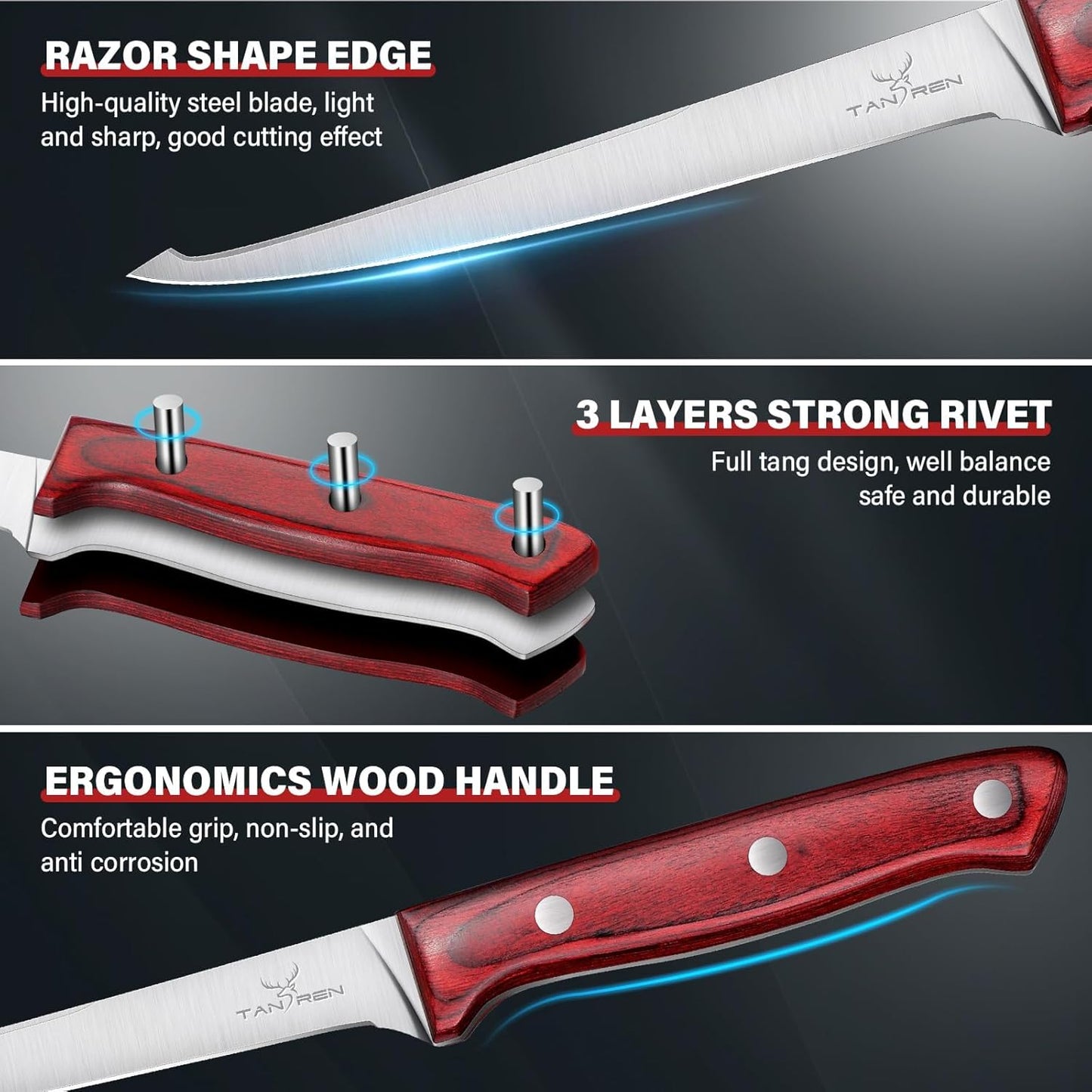 TAN REN Fillet Knife 9 inch, Professional Stainless Steel Fishing Knife | Full Tang Fish Knife with Ergonomic Handle, Fishing Gift for Men