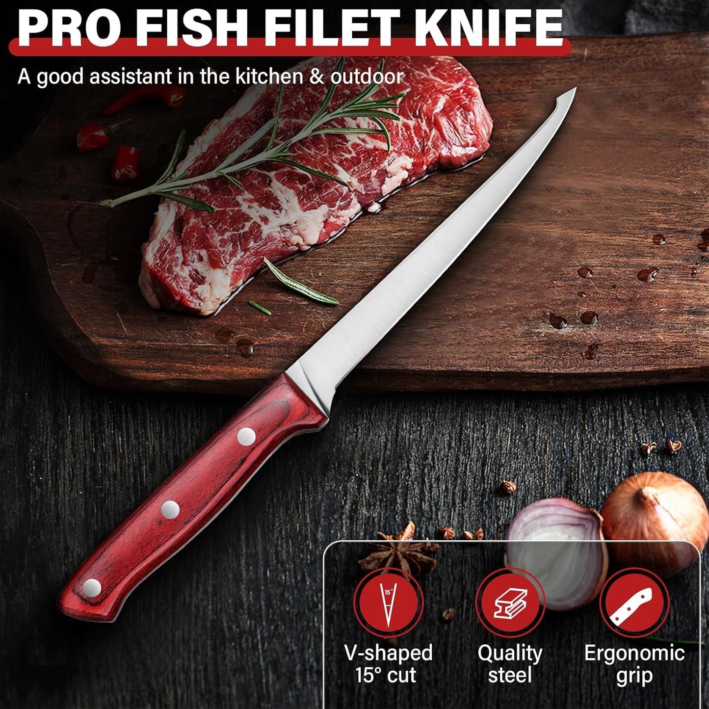 TAN REN Fillet Knife 9 inch, Professional Stainless Steel Fishing Knife | Full Tang Fish Knife with Ergonomic Handle, Fishing Gift for Men