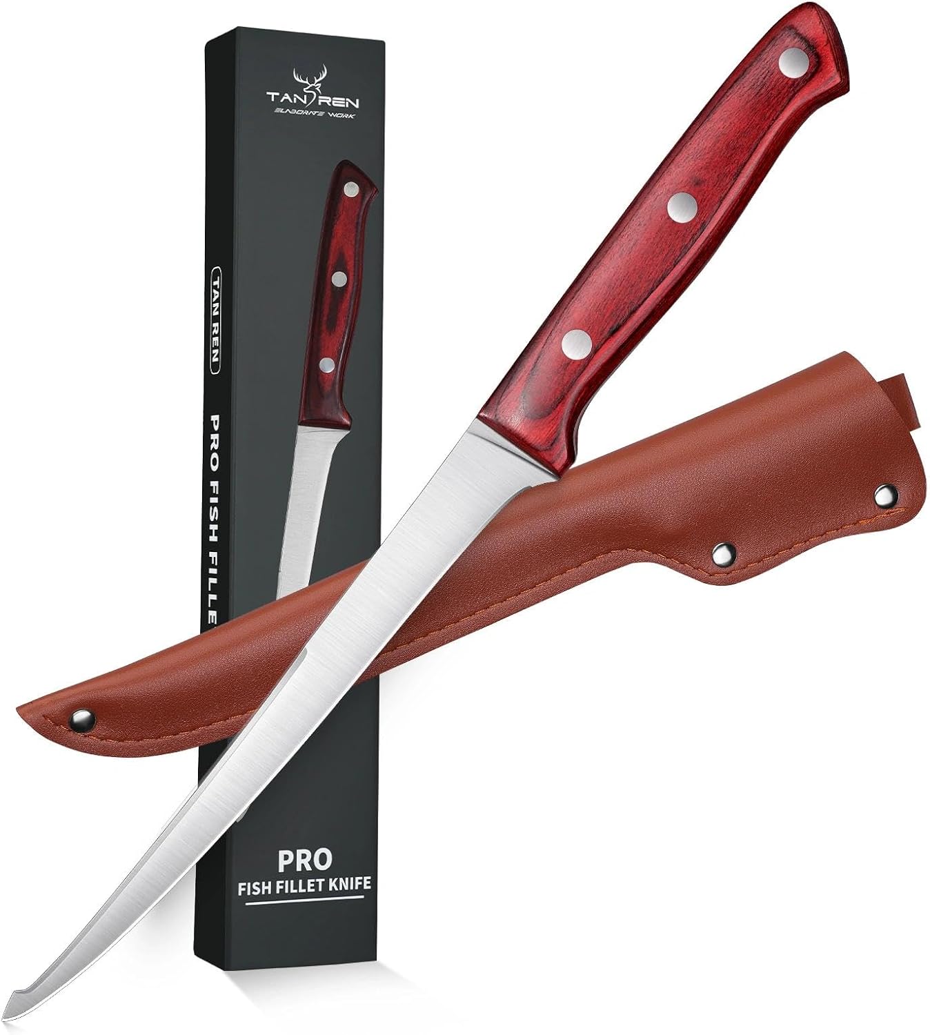 TAN REN Fillet Knife 9 inch, Professional Stainless Steel Fishing Knife | Full Tang Fish Knife with Ergonomic Handle, Fishing Gift for Men