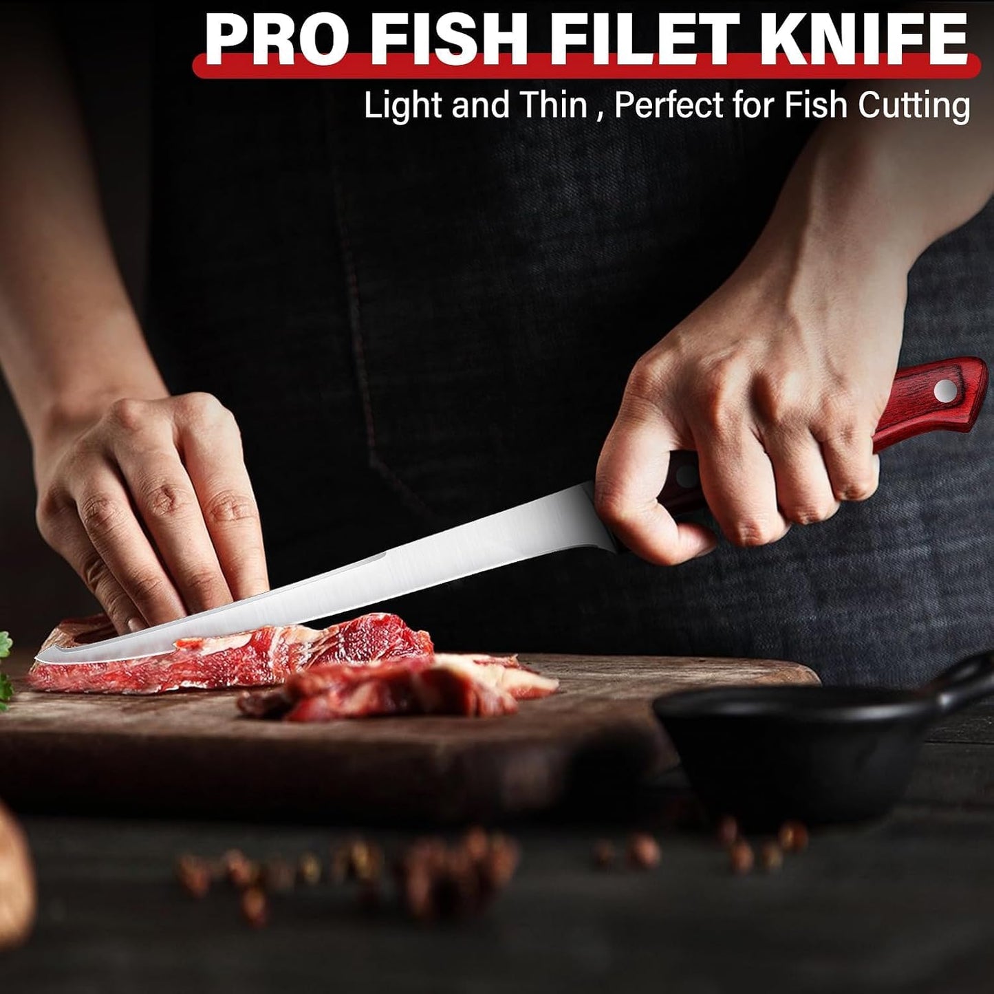 TAN REN Fillet Knife 9 inch, Professional Stainless Steel Fishing Knife | Full Tang Fish Knife with Ergonomic Handle, Fishing Gift for Men