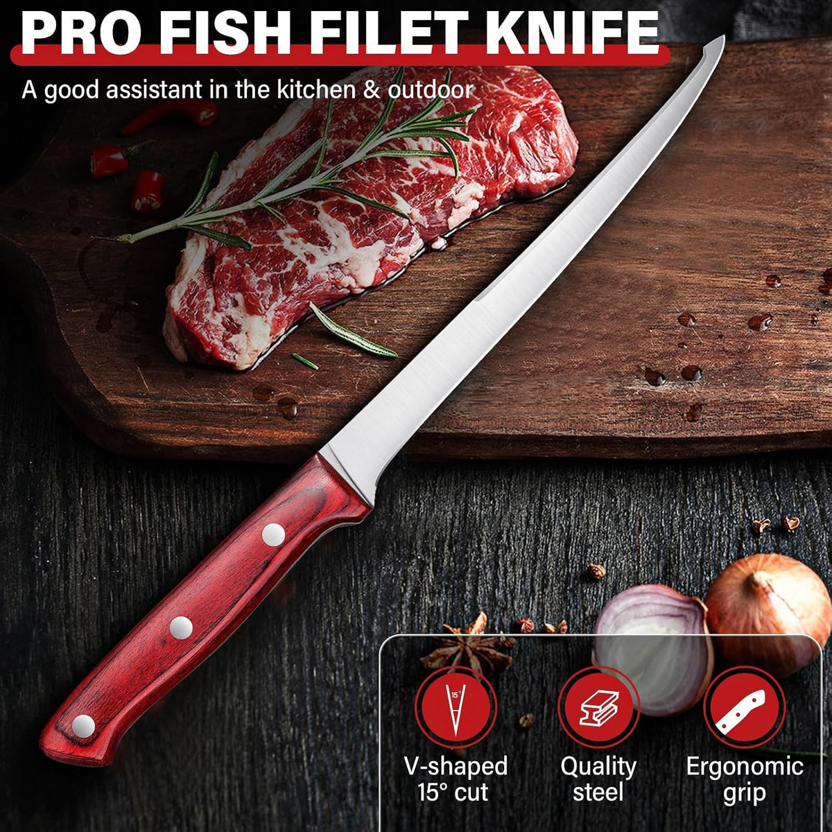 TAN REN Fillet Knife 9 inch, Professional Stainless Steel Fishing Knife | Full Tang Fish Knife with Ergonomic Handle, Fishing Gift for Men