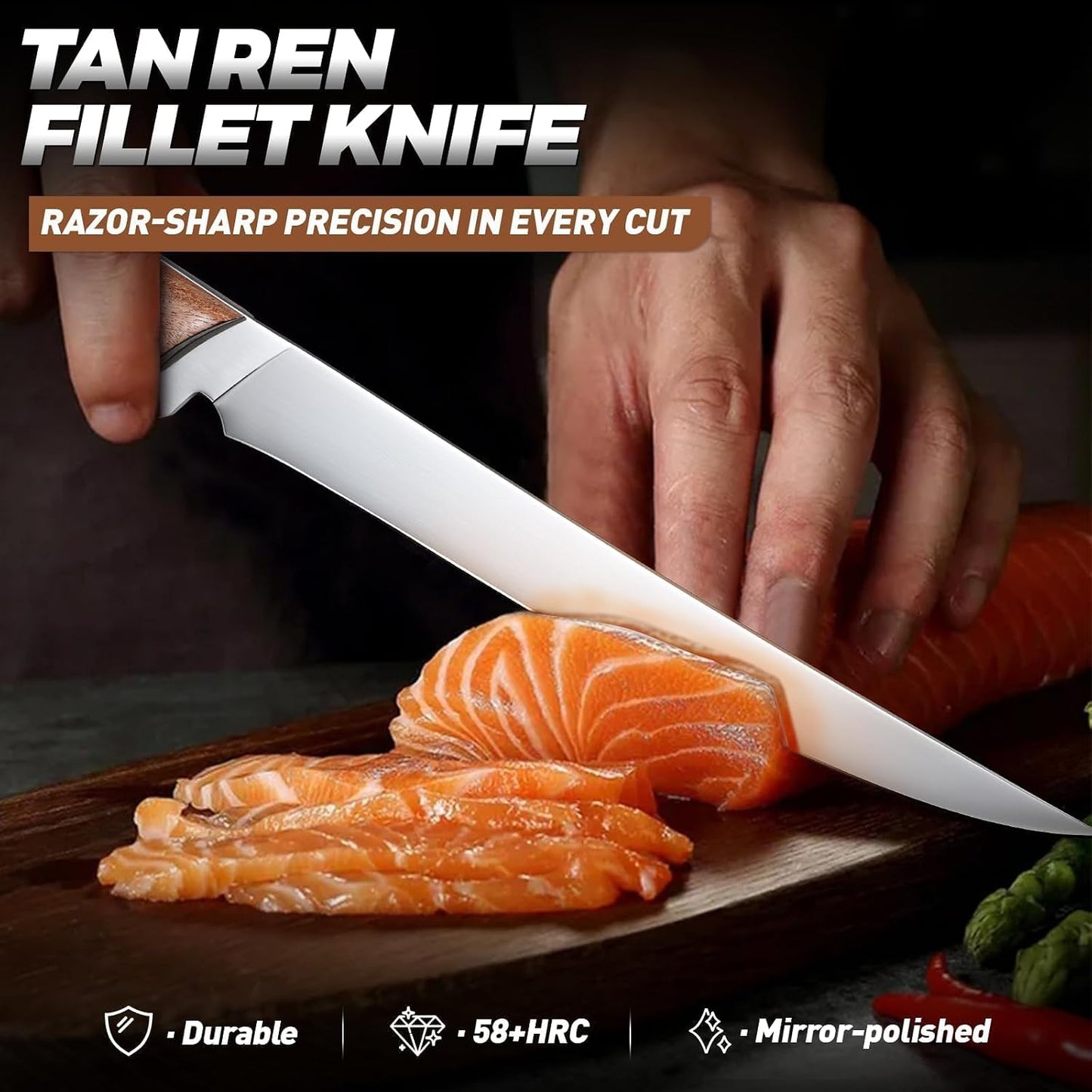 TAN REN Fillet Knife 9 inch, Professional Stainless Steel Fishing Knife | Full Tang Fish Knife with Ergonomic Handle, Fishing Gift for Men