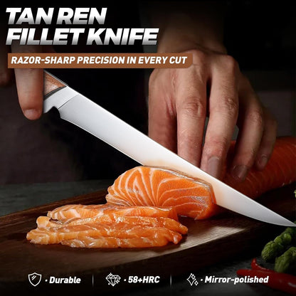 TAN REN Fillet Knife 9 inch, Professional Stainless Steel Fishing Knife | Full Tang Fish Knife with Ergonomic Handle, Fishing Gift for Men