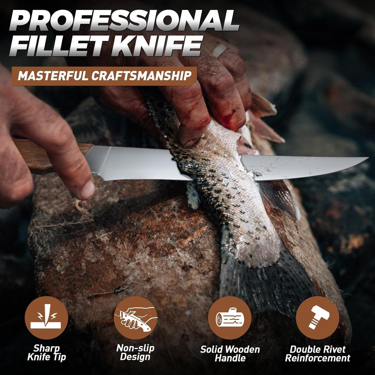 TAN REN Fillet Knife 9 inch, Professional Stainless Steel Fishing Knife | Full Tang Fish Knife with Ergonomic Handle, Fishing Gift for Men