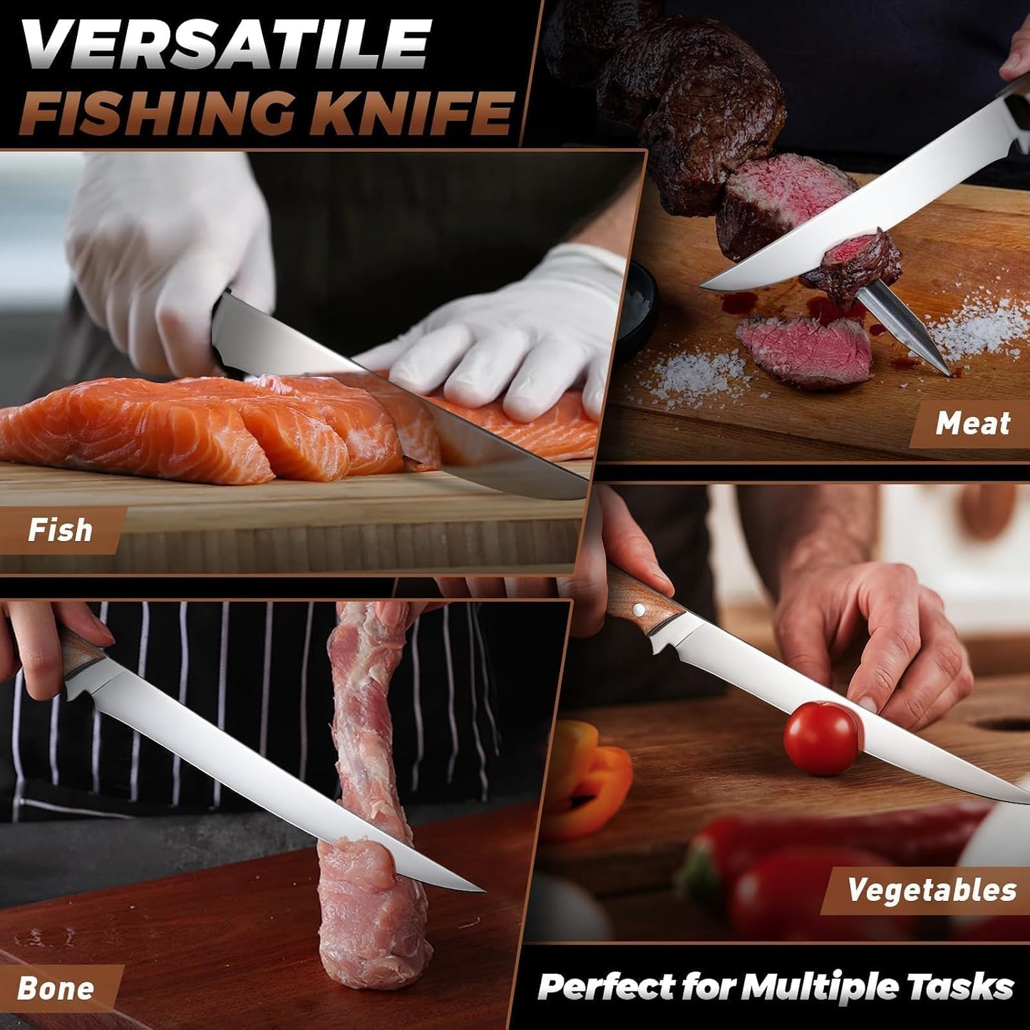 TAN REN Fillet Knife 9 inch, Professional Stainless Steel Fishing Knife | Full Tang Fish Knife with Ergonomic Handle, Fishing Gift for Men
