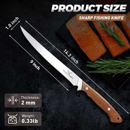 TAN REN Fillet Knife 9 inch, Professional Stainless Steel Fishing Knife | Full Tang Fish Knife with Ergonomic Handle, Fishing Gift for Men