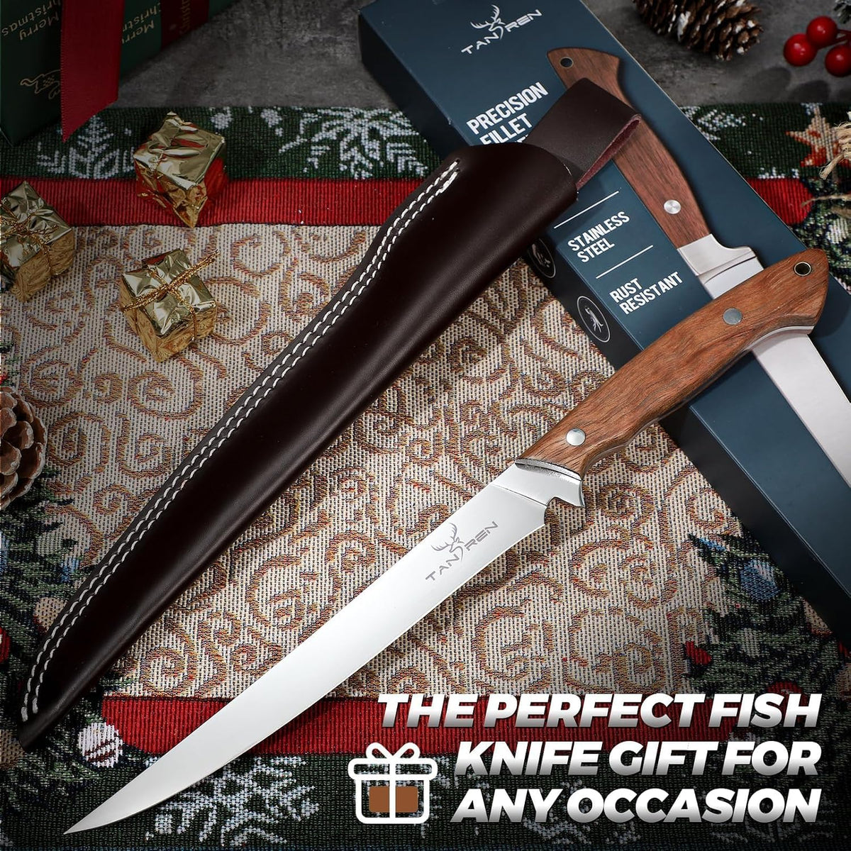 TAN REN Fillet Knife 9 inch, Professional Stainless Steel Fishing Knife | Full Tang Fish Knife with Ergonomic Handle, Fishing Gift for Men