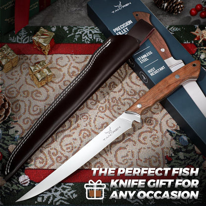 TAN REN Fillet Knife 9 inch, Professional Stainless Steel Fishing Knife | Full Tang Fish Knife with Ergonomic Handle, Fishing Gift for Men