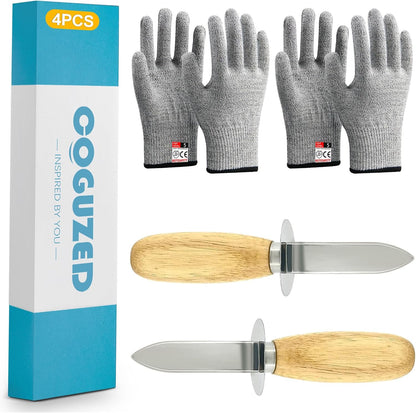 4-Piece Oyster Shucking Tool Kit with Stainless Steel Knives, Cut-Resistant Gloves, and Cloth