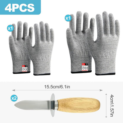 4-Piece Oyster Shucking Tool Kit with Stainless Steel Knives, Cut-Resistant Gloves, and Cloth
