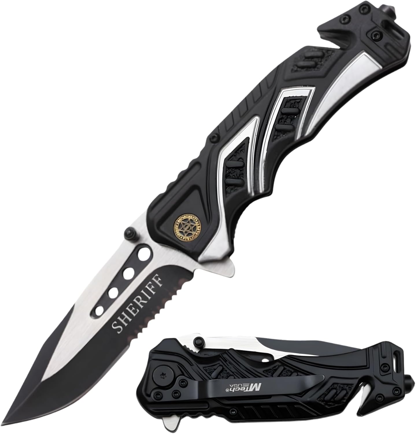 EDC Folding Pocket Knife – 3.5” Stainless Steel Half Serrated Blade, 4.5” Closed, Two-Tone Aluminum Handle, Belt Cutter, Glass Breaker & Pocket Clip