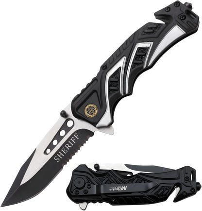 EDC Folding Pocket Knife – 3.5” Stainless Steel Half Serrated Blade, 4.5” Closed, Two-Tone Aluminum Handle, Belt Cutter, Glass Breaker & Pocket Clip