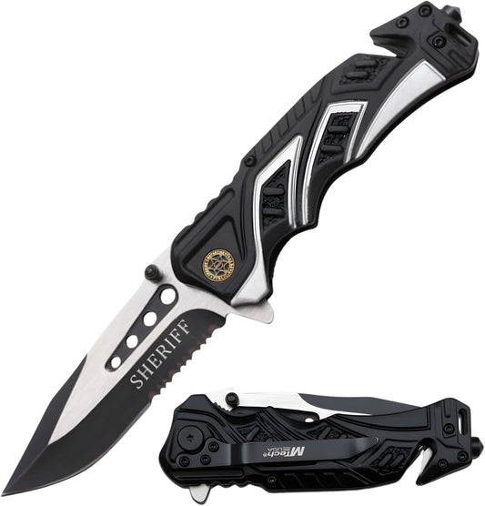 EDC Folding Pocket Knife – 3.5” Stainless Steel Half Serrated Blade, 4.5” Closed, Two-Tone Aluminum Handle, Belt Cutter, Glass Breaker & Pocket Clip