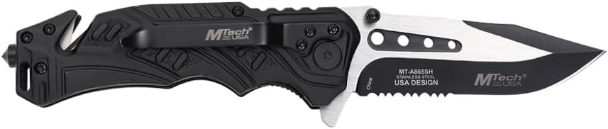 EDC Folding Pocket Knife – 3.5” Stainless Steel Half Serrated Blade, 4.5” Closed, Two-Tone Aluminum Handle, Belt Cutter, Glass Breaker & Pocket Clip