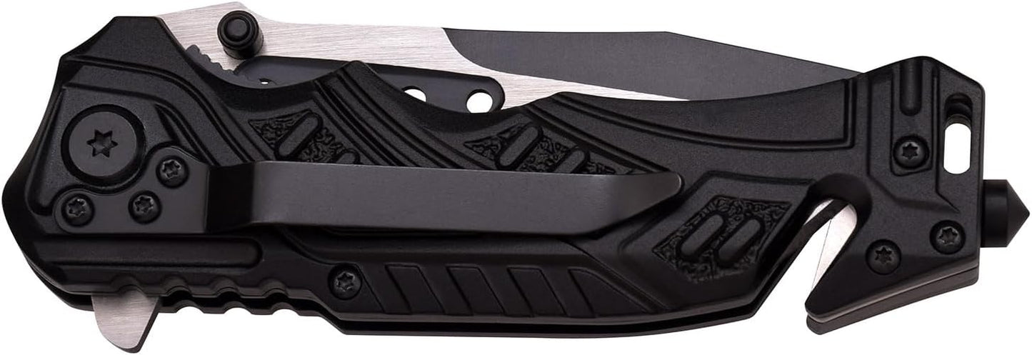 EDC Folding Pocket Knife – 3.5” Stainless Steel Half Serrated Blade, 4.5” Closed, Two-Tone Aluminum Handle, Belt Cutter, Glass Breaker & Pocket Clip
