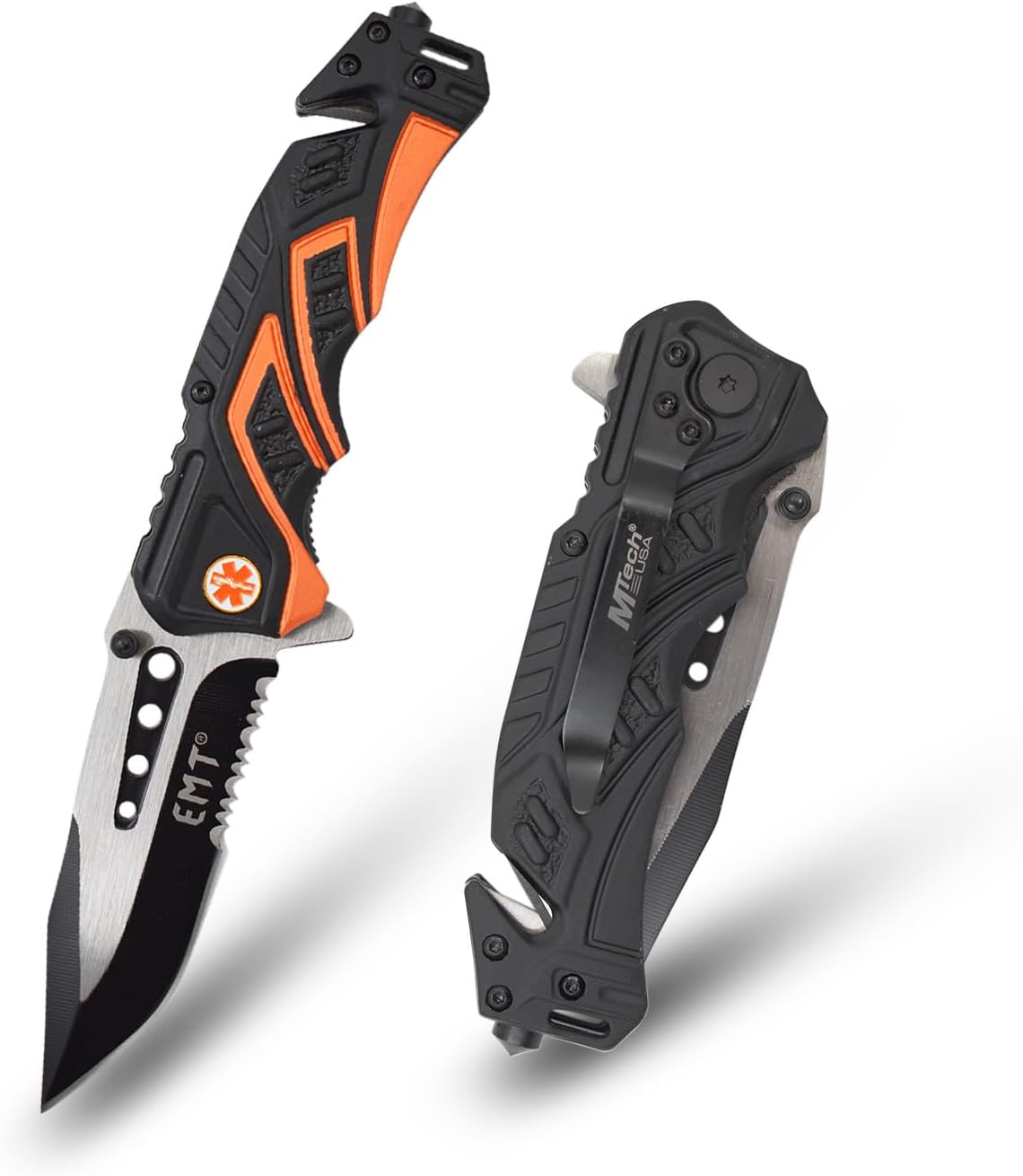EDC Folding Pocket Knife – 3.5” Stainless Steel Half Serrated Blade, 4.5” Closed, Two-Tone Aluminum Handle, Belt Cutter, Glass Breaker & Pocket Clip