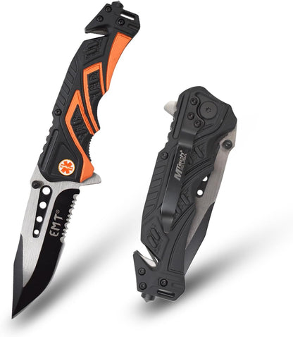 EDC Folding Pocket Knife – 3.5” Stainless Steel Half Serrated Blade, 4.5” Closed, Two-Tone Aluminum Handle, Belt Cutter, Glass Breaker & Pocket Clip