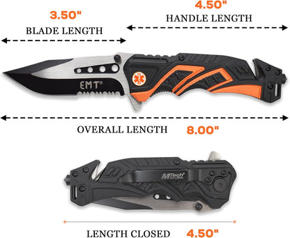 EDC Folding Pocket Knife – 3.5” Stainless Steel Half Serrated Blade, 4.5” Closed, Two-Tone Aluminum Handle, Belt Cutter, Glass Breaker & Pocket Clip